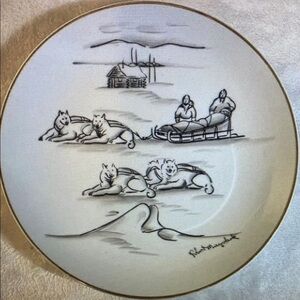 Vintage Eskimo & Sled Dogs Plate 8.5" Robert Mayokok Inuit Art Collectible